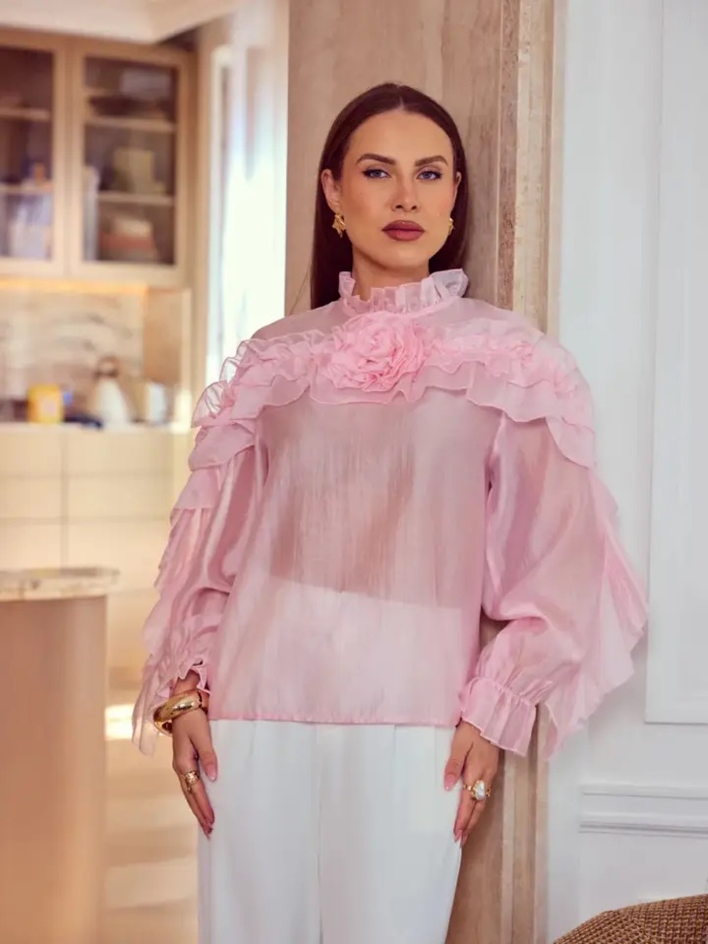 Pink Ruffle Rose Detail Women's Blouse
